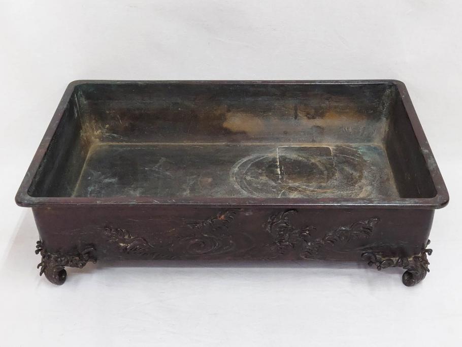 時代物　金工　嶺雲鋳　龍文　細部まで施された意匠が目を惹く水盤(銅製、盆栽鉢、花器)(R-075654)