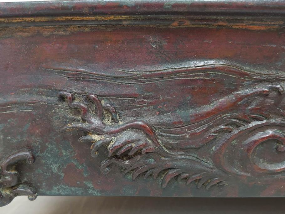 時代物　金工　嶺雲鋳　龍文　細部まで施された意匠が目を惹く水盤(銅製、盆栽鉢、花器)(R-075654)