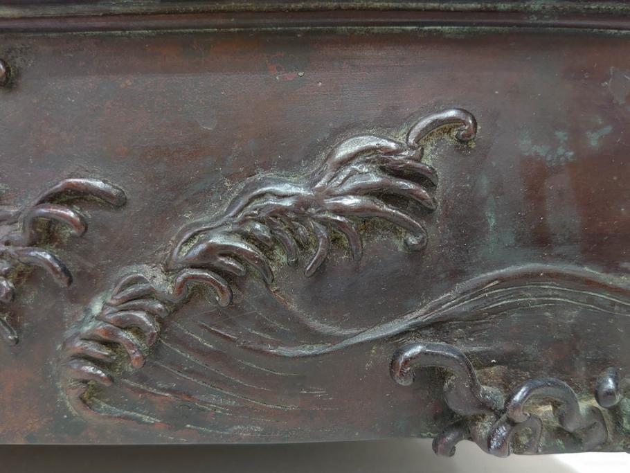 時代物　金工　嶺雲鋳　龍文　細部まで施された意匠が目を惹く水盤(銅製、盆栽鉢、花器)(R-075654)
