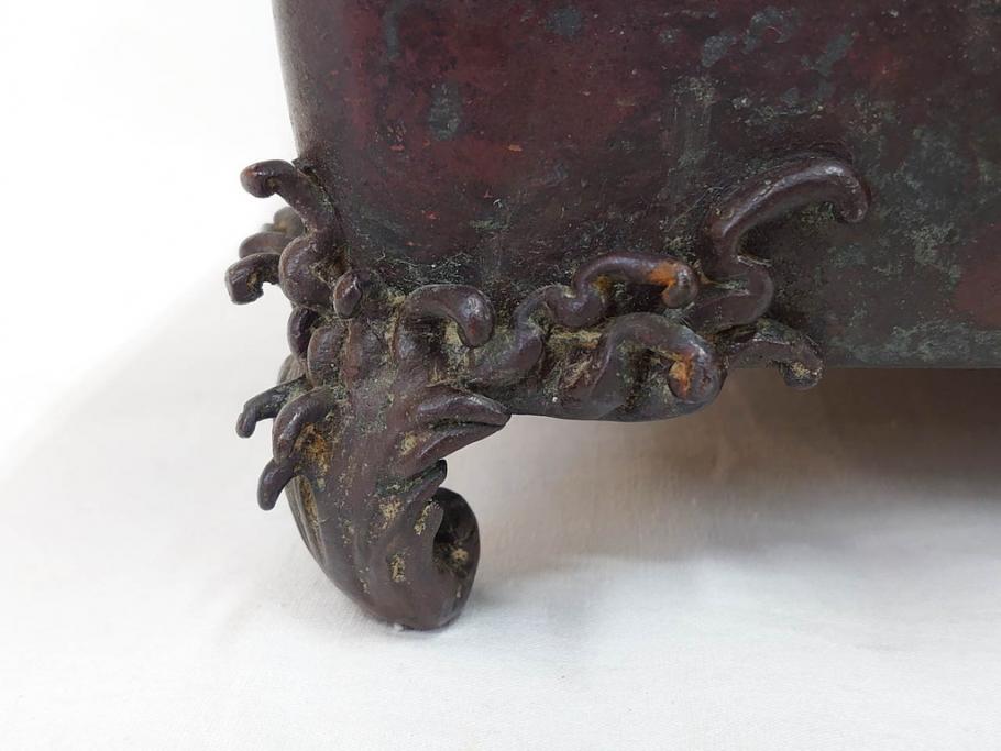 時代物　金工　嶺雲鋳　龍文　細部まで施された意匠が目を惹く水盤(銅製、盆栽鉢、花器)(R-075654)