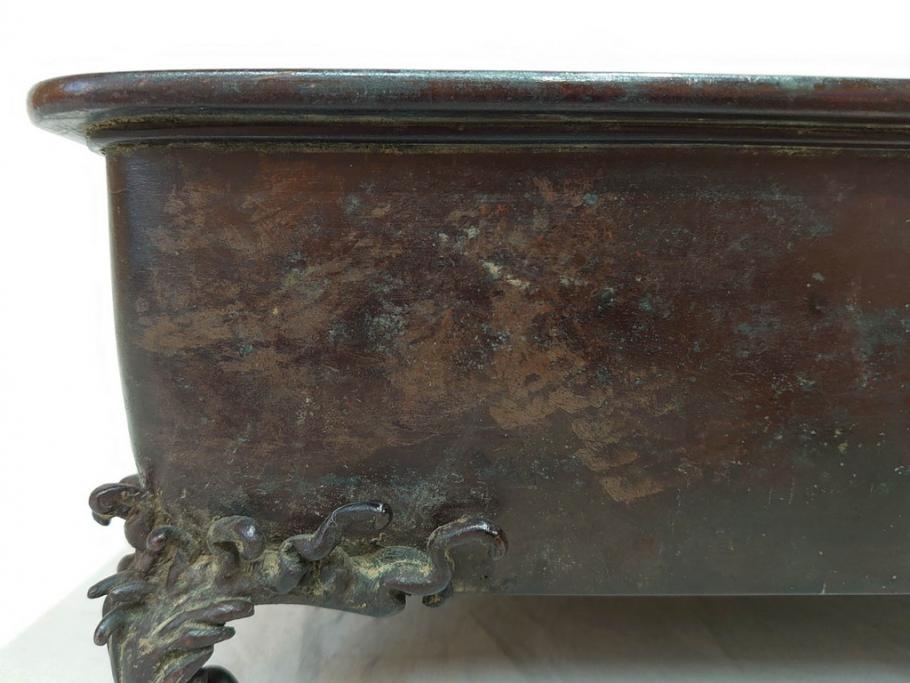 時代物　金工　嶺雲鋳　龍文　細部まで施された意匠が目を惹く水盤(銅製、盆栽鉢、花器)(R-075654)