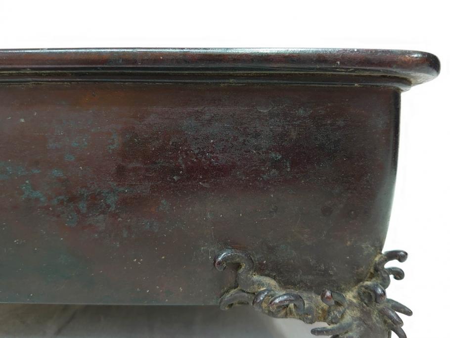 時代物　金工　嶺雲鋳　龍文　細部まで施された意匠が目を惹く水盤(銅製、盆栽鉢、花器)(R-075654)