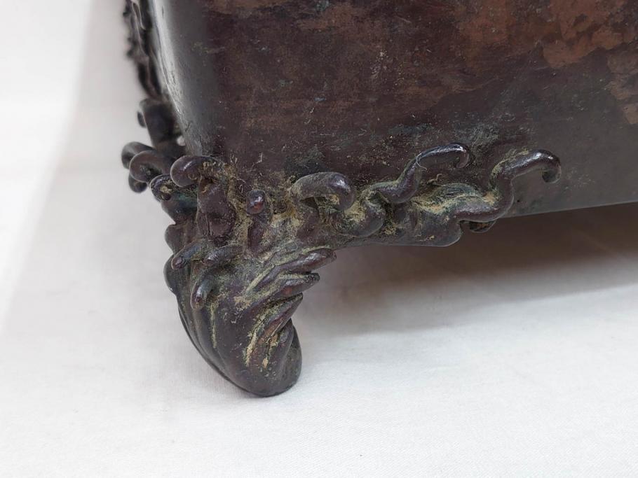 時代物　金工　嶺雲鋳　龍文　細部まで施された意匠が目を惹く水盤(銅製、盆栽鉢、花器)(R-075654)