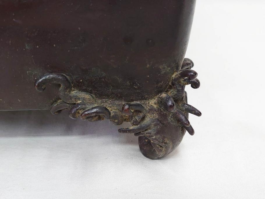 時代物　金工　嶺雲鋳　龍文　細部まで施された意匠が目を惹く水盤(銅製、盆栽鉢、花器)(R-075654)