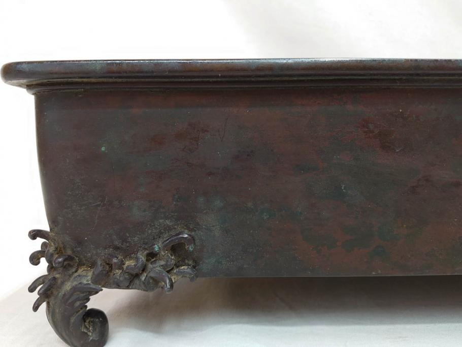 時代物　金工　嶺雲鋳　龍文　細部まで施された意匠が目を惹く水盤(銅製、盆栽鉢、花器)(R-075654)