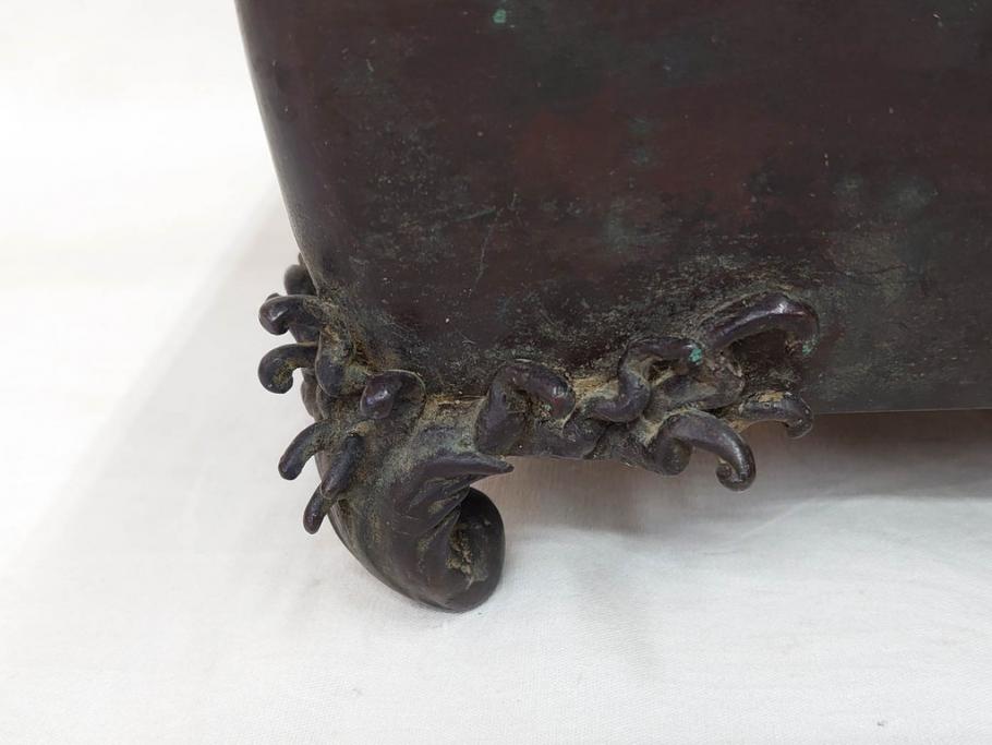 時代物　金工　嶺雲鋳　龍文　細部まで施された意匠が目を惹く水盤(銅製、盆栽鉢、花器)(R-075654)