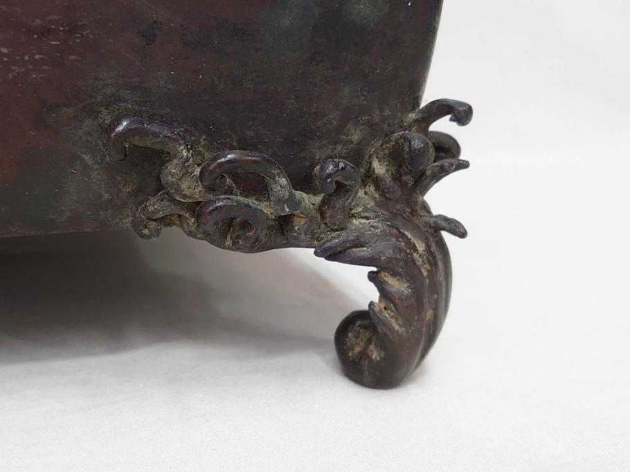 時代物　金工　嶺雲鋳　龍文　細部まで施された意匠が目を惹く水盤(銅製、盆栽鉢、花器)(R-075654)