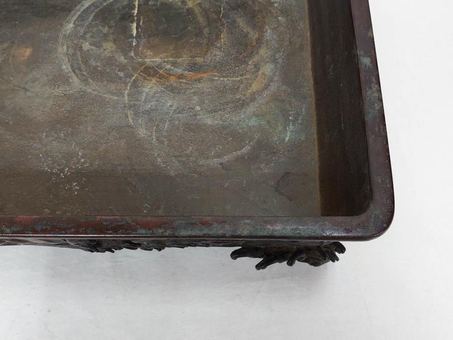 時代物　金工　嶺雲鋳　龍文　細部まで施された意匠が目を惹く水盤(銅製、盆栽鉢、花器)(R-075654)