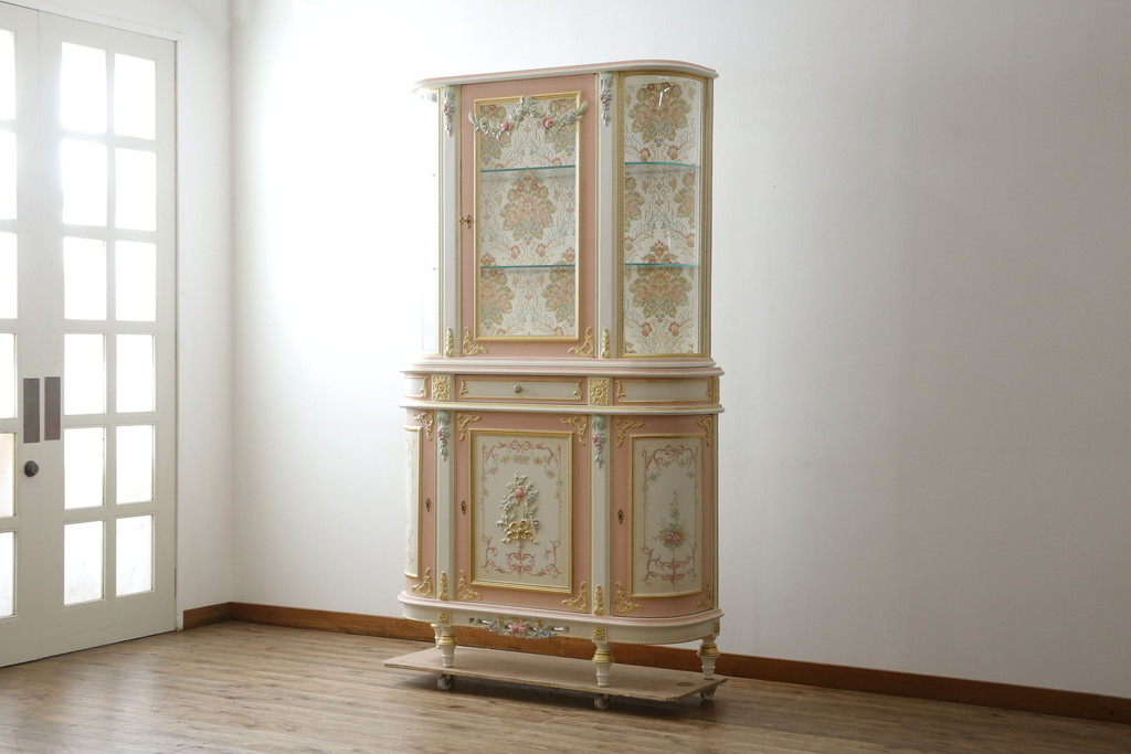 中古　美品　イタリア高級家具　ロココ調　Fratelli Origgi(フラテッリ・オリッジ)　圧迫感を抑えたRガラスの優しいデザインが魅力的なキャビネット(旧Mario Colciago&Figli(マリオ・コルチャゴ)、キュリオケース、ガラスケース、ショーケース、飾り棚、Rガラス、曲げガラス)(定価約200万円)(R-081616)