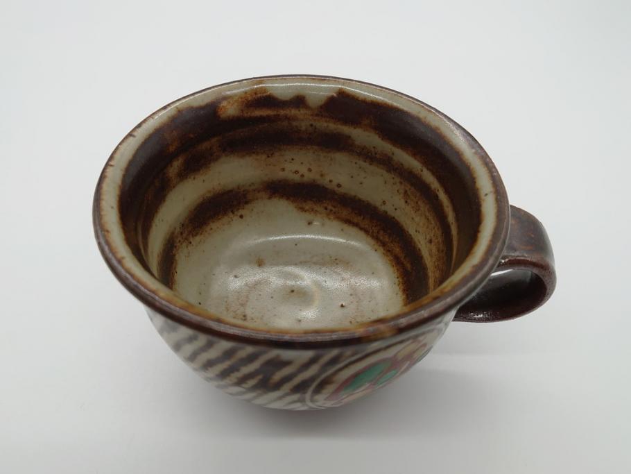 人間国宝　島岡達三　益子焼　象嵌赤絵　草花文カップ&ソーサー2客(共箱無し、コーヒーカップ、民芸陶器)(R-061094)