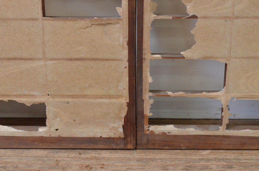 アンティーク建具　シンプルなデザインの障子窓2枚セット(引き戸、障子戸)(R-067705)