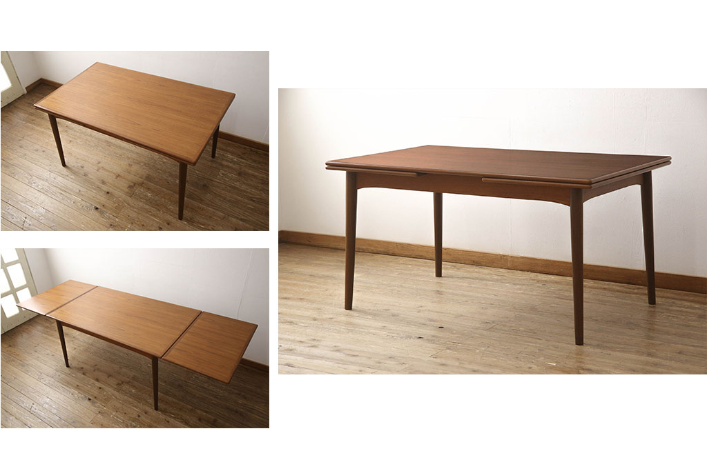 デンマークビンテージ　チーク材　シンプルなデザインで取り入れやすい、大振りサイズのダイニングテーブル(エクステンションテーブル、作業台、ヴィンテージ、北欧)(R-057576)