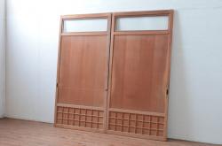 アンティーク建具　上手物!!　杉材柾目　モールガラス入り!古い数寄屋の狐格子が魅力的な板戸2枚セット(きつね格子、引き戸、ガラス戸、建具)(R-080635)
