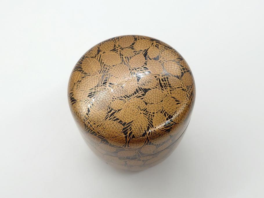 時代物 明治期 松葉 蒔絵 木製 棗(共箱付き、金地、松の実、茶器