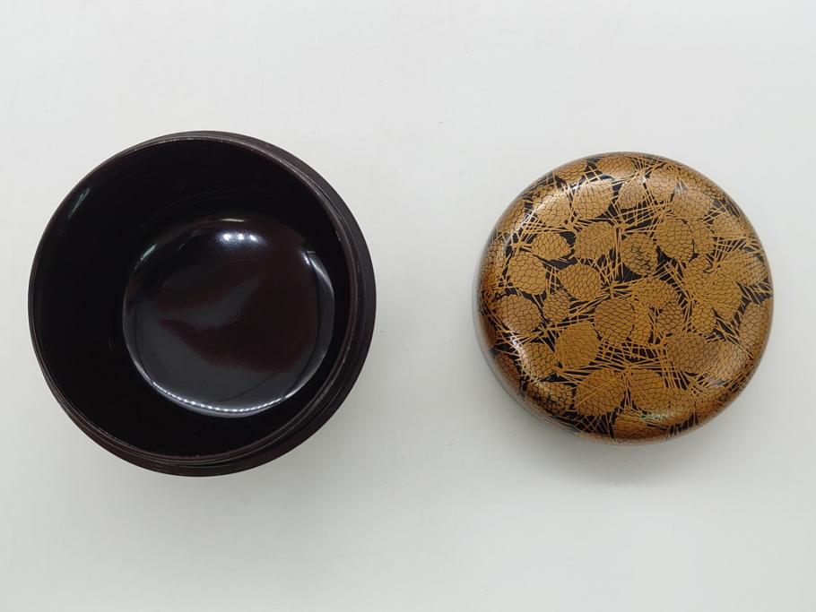 時代物　明治期　松葉　蒔絵　木製　棗(共箱付き、金地、松の実、茶器、茶道具、漆器、漆工芸)(R-062568)