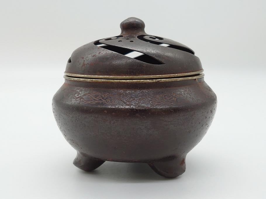 希少　金寿堂　名人　雨宮宗造　龍毛彫り　鐡香炉　鉄製(共箱付き、香爐、三つ脚)(R-062569)