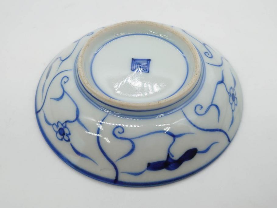 江戸～明治期　古伊万里　染付　なずな文　約11cm　3.5寸　穏やかな雰囲気の小皿5枚セット(和皿、和食器、裏印、三寸五分)(R-082232)