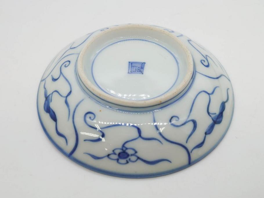 江戸～明治期　古伊万里　染付　なずな文　約11cm　3.5寸　穏やかな雰囲気の小皿5枚セット(和皿、和食器、裏印、三寸五分)(R-082232)
