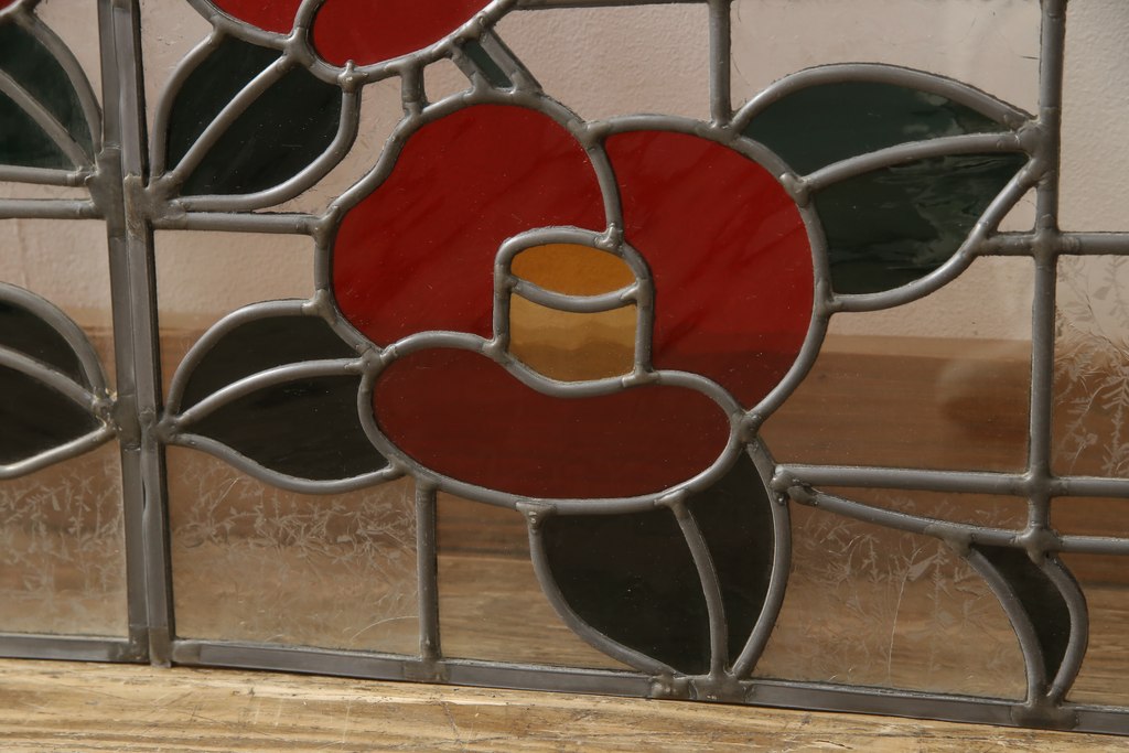 ラフジュ工房オリジナル　大正ロマン　レトロな雰囲気が魅力のステンドグラス入り明り取り2枚セット(欄間、明かり取り、建具)(R-059890)