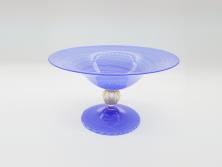 イタリア　ベネチアンガラス　レース柄　水色　ガラスボウル(菓子皿、鉢、深皿、サラダボウル、ヴェネチアングラス)(R-046004)