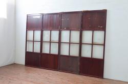 アンティーク建具　両面漆塗りの高級品!!　和モダンな空間づくりにおすすめな幅狭ガラス帯戸4枚セット(引き戸、ガラス戸)(R-080884)