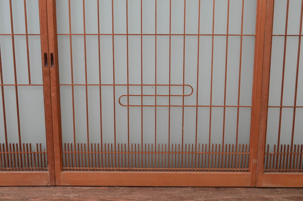 ビンテージ建具　和の空間づくりにおすすめ!凝った作りの格子入りガラス窓4枚セット(組子、引き戸、ガラス戸、格子戸、ヴィンテージ)(R-080878)