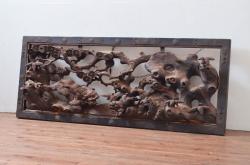アンティーク建具　希少!!　江戸期　親子獅子の図　燻された味わいが魅力的な寺本堂の彫刻欄間(明り取り、明かり取り)(R-080579)