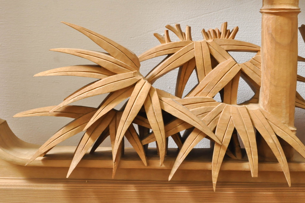 ビンテージ建具　井波彫刻　吉田信久作　躍動感ある虎(トラ)と竹林が美しい両面彫刻欄間2枚セット(明かり取り、明り取り、ヴィンテージ)(R-076353)