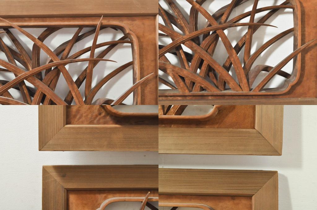 アンティーク建具　井波彫刻　横山一夢作　躍動感ある鶴が美しい両面彫刻欄間2枚セット(明かり取り、明り取り)(R-076352)