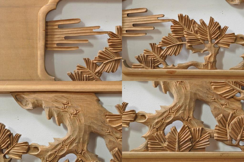 アンティーク建具　和の雰囲気を高める松と鷹の彫刻欄間2枚セット(明り取り、明かり取り)(R-076335)
