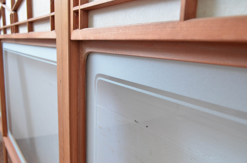 アンティーク建具　高級特注品!!　上品で凝ったデザインが魅力的な組子入り雪見障子戸4枚セット(猫間障子戸、擦り上げ障子戸、擦上障子戸、引き戸、ガラス戸)(R-081070)