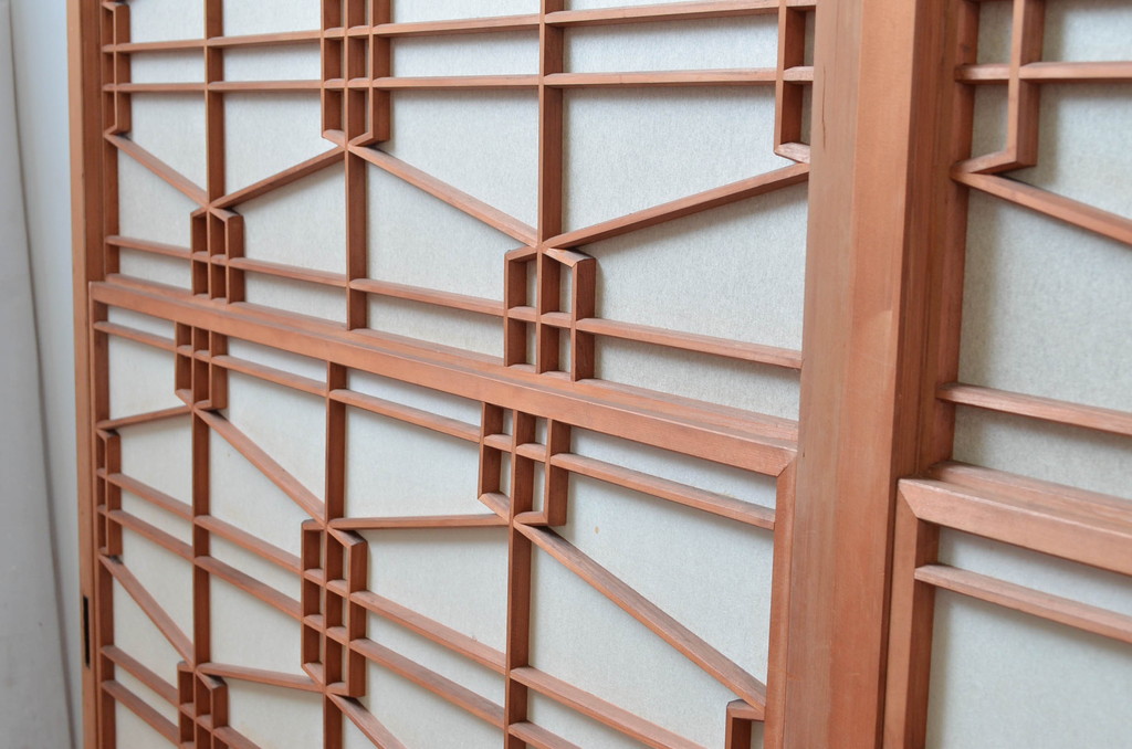 アンティーク建具　高級特注品!!　上品で凝ったデザインが魅力的な組子入り雪見障子戸4枚セット(猫間障子戸、擦り上げ障子戸、擦上障子戸、引き戸、ガラス戸)(R-081071)