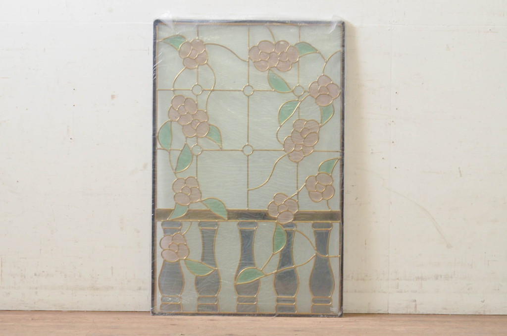 未使用品　バルコニーに咲く花(バルコニーにさくはな)　デットストック品のステンドグラス(建具、ドア、窓、照明、衝い立て、衝立、つい立て)(定価約12万円)(R-072992)