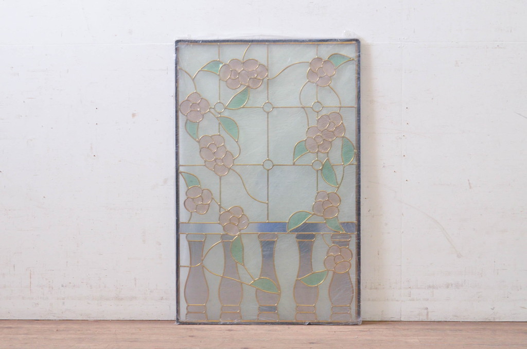 未使用品　バルコニーに咲く花(バルコニーにさくはな)　デットストック品のステンドグラス(建具、ドア、窓、照明、衝い立て、衝立、つい立て)(定価約12万円)(R-072992)