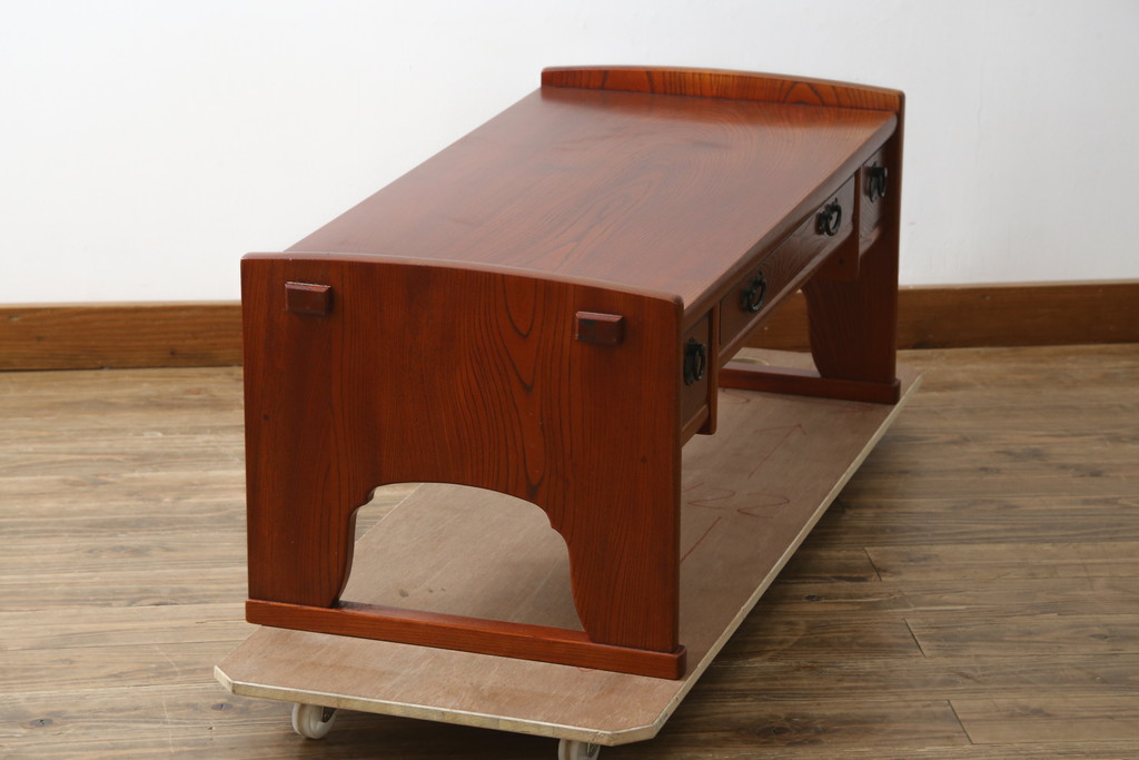中古　美品　松本伝統　指物工芸家具　総欅(ケヤキ)材　漆塗り　落ち着いた雰囲気の上質な文机(両袖机、座机、ローテーブル、ワークデスク、在宅用、在宅ワーク用)(定価約30万円)(R-082251)