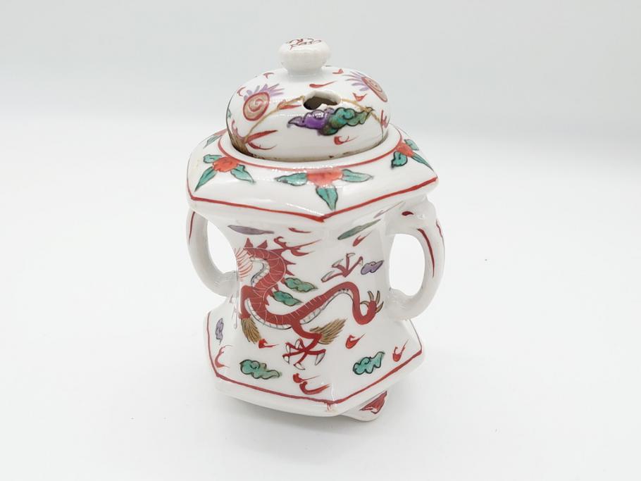 中国　古玩　大明萬暦年製　赤絵　龍図　香炉(香爐、三つ足)(R-062599)