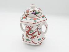 中国　古玩　大明萬暦年製　赤絵　龍図　香炉(香爐、三つ足)(R-062599)