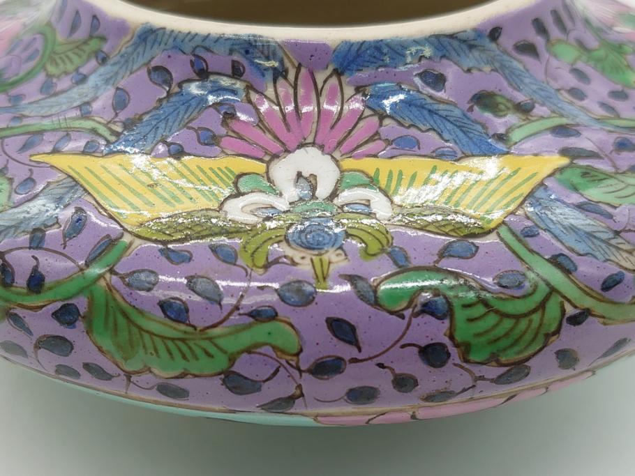 上品なスタイル 明治〜大正 変形(粉彩?、中国?、三 草花文 鳳凰文 香炉 変わり型 色絵磁器