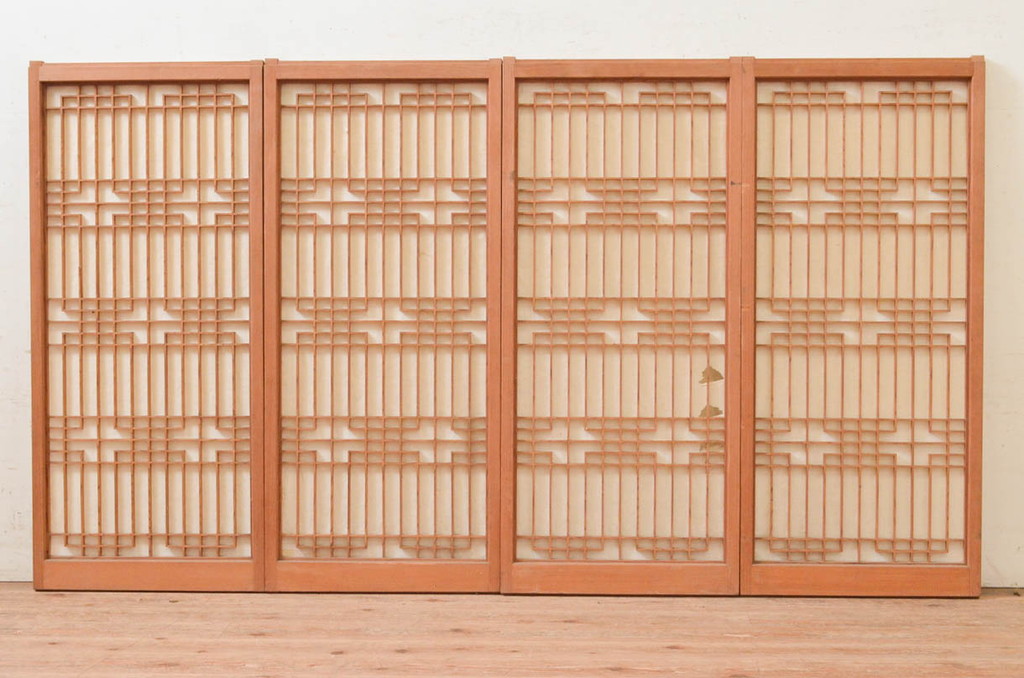 ビンテージ建具　組子のデザインがお洒落な障子付き書院戸4枚セット(障子戸、窓、引き戸、ヴィンテージ)(R-073949)