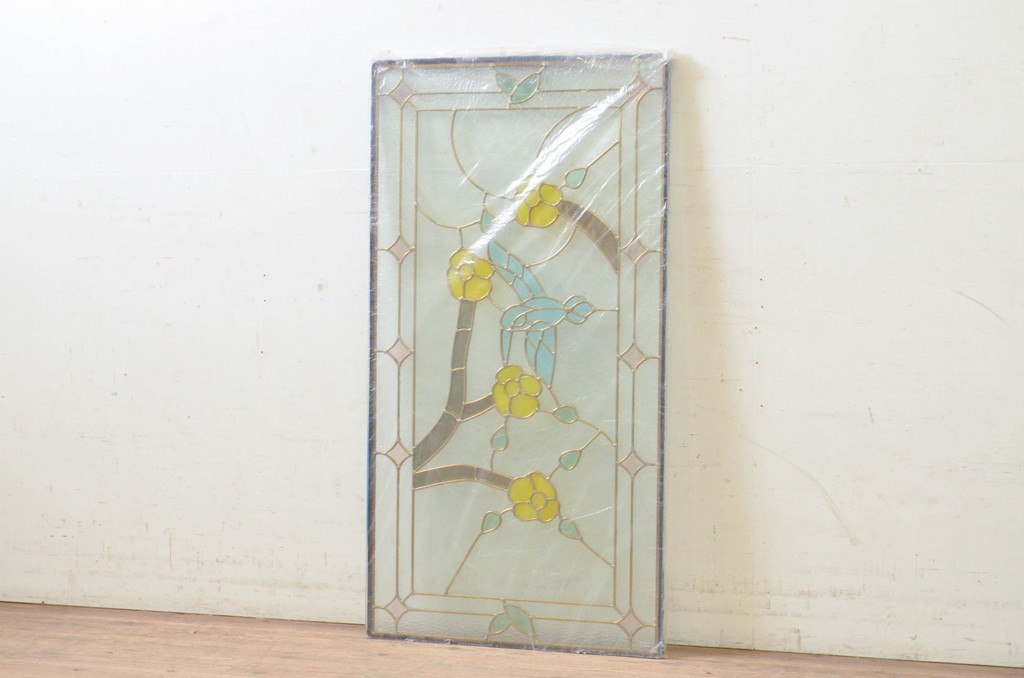 未使用品　蜂鳥と花(はちどりとはな)　デットストック品のステンドグラス(建具、ドア、窓、照明、衝い立て、衝立、つい立て)(定価約15万円)(R-073010)