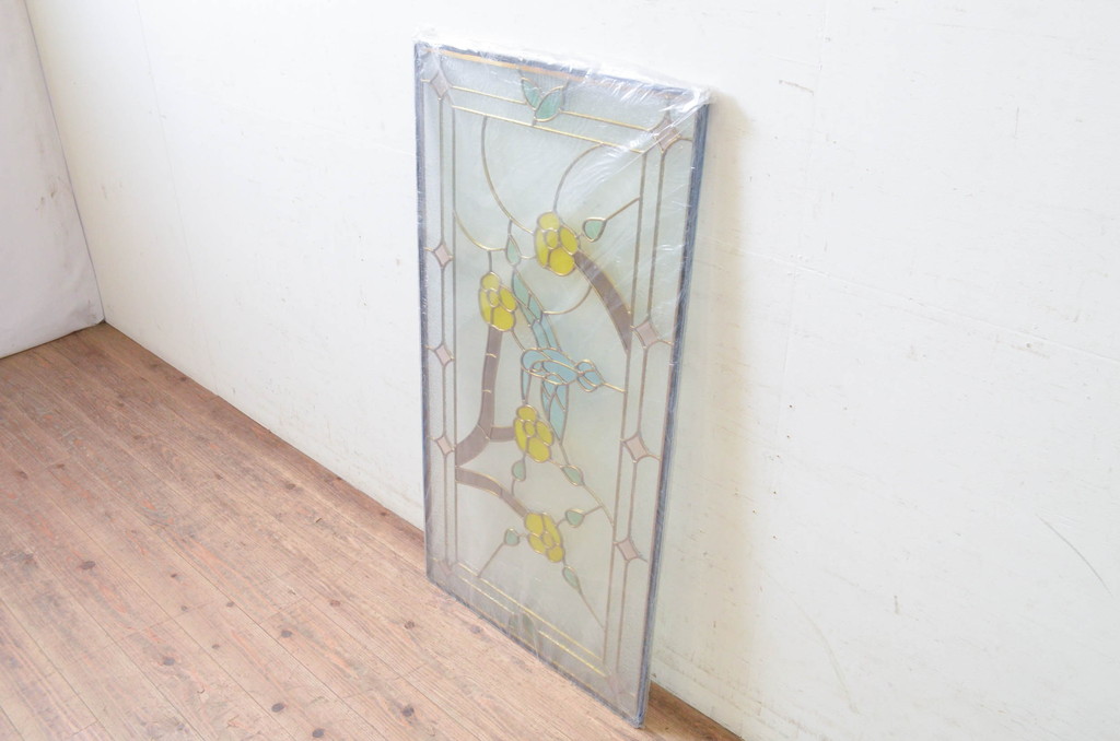 未使用品　蜂鳥と花(はちどりとはな)　デットストック品のステンドグラス(建具、ドア、窓、照明、衝い立て、衝立、つい立て)(定価約15万円)(R-073010)