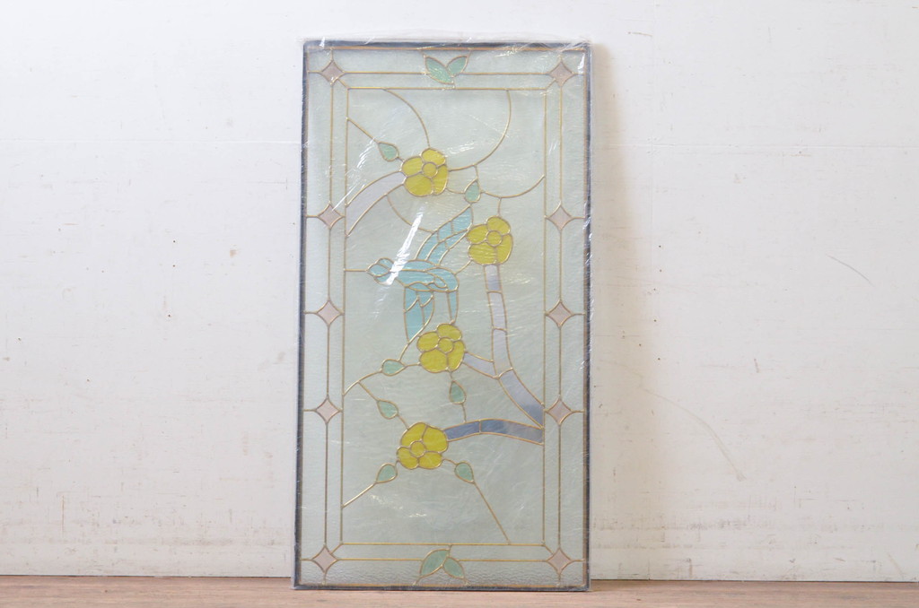 未使用品　蜂鳥と花(はちどりとはな)　デットストック品のステンドグラス(建具、ドア、窓、照明、衝い立て、衝立、つい立て)(定価約15万円)(R-073010)