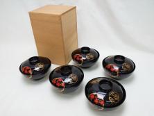 松竹梅文　蒔絵　木製　吸物椀5客(共箱付き、和食器、漆器、黒漆、お椀)(R-063273)