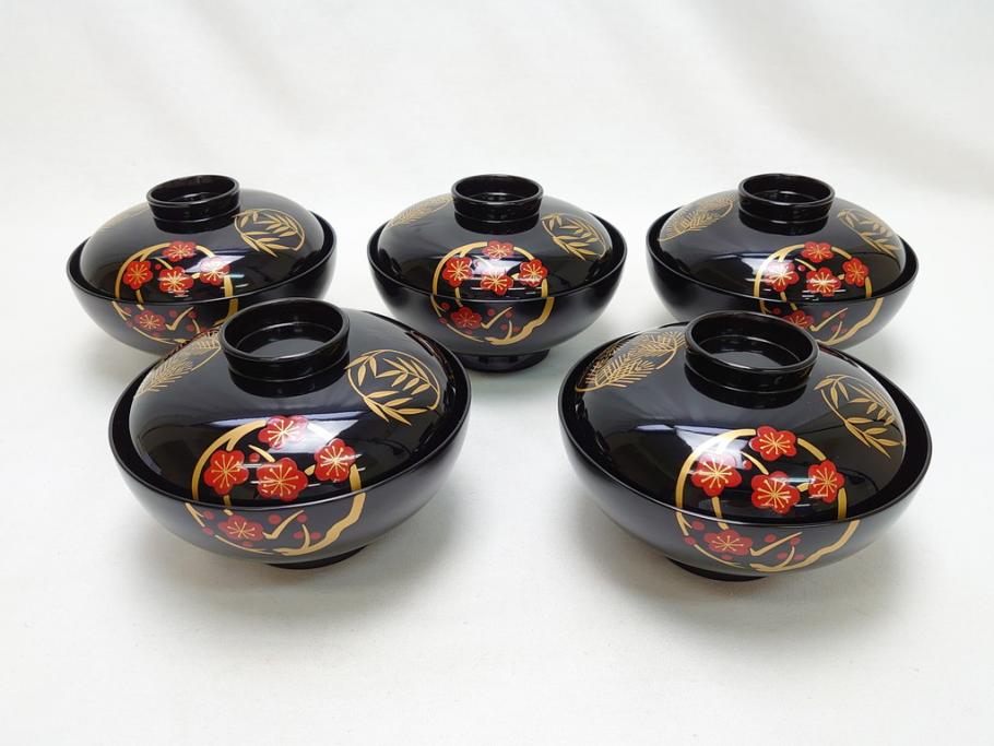 松竹梅文 蒔絵 木製 吸物椀5客セット(共箱付き、和食器、漆器、黒漆