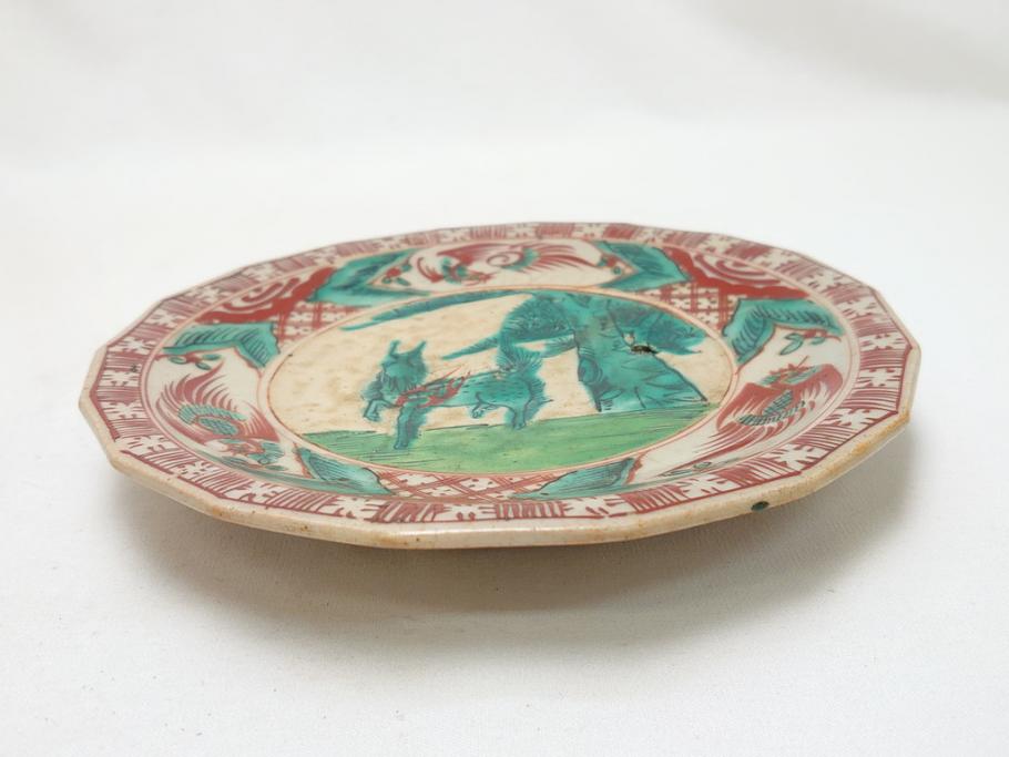 古犬山焼　麒麟　鳳凰文　6.2寸　約19cm　赤絵十八角皿(共箱付き、和食器、平皿、6寸2分)(R-063274)