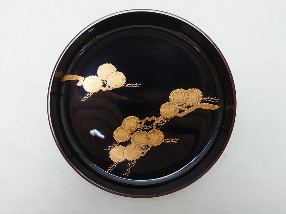 蒔絵師　吉田華正(利昭)　唐松　蒔絵　ロクロ目　盛筋　喰篭(食籠、食篭、共箱付き、菓子器、漆器)(R-063285)