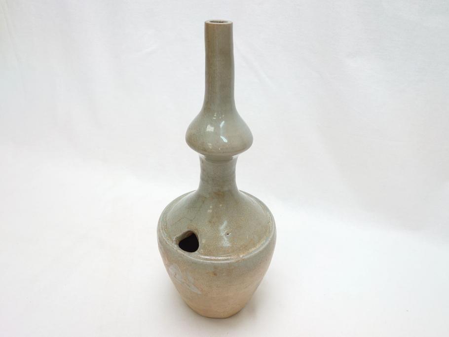 時代物　高麗青磁　一味違ったディスプレイが叶う花瓶(共箱付き、中国、李朝、花器、花生、陶磁器)(R-063286)