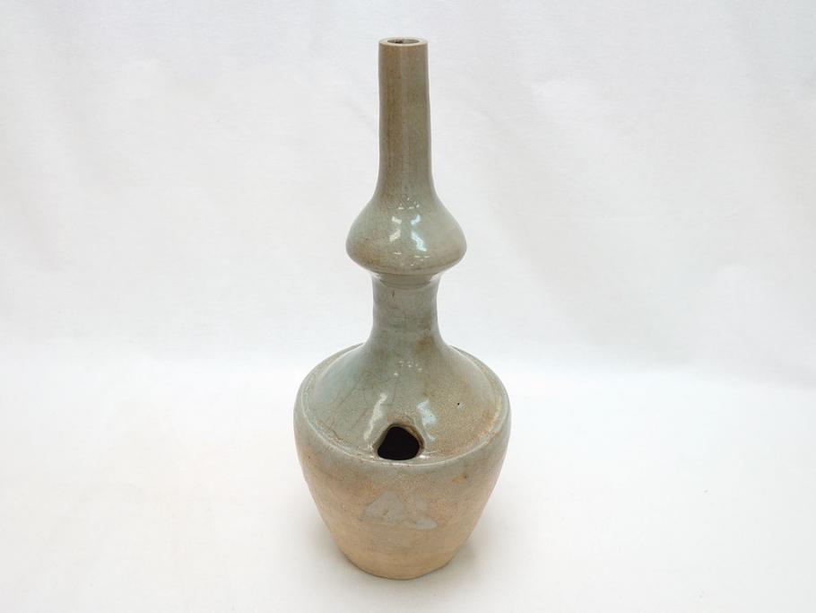時代物　高麗青磁　一味違ったディスプレイが叶う花瓶(共箱付き、中国、李朝、花器、花生、陶磁器)(R-063286)
