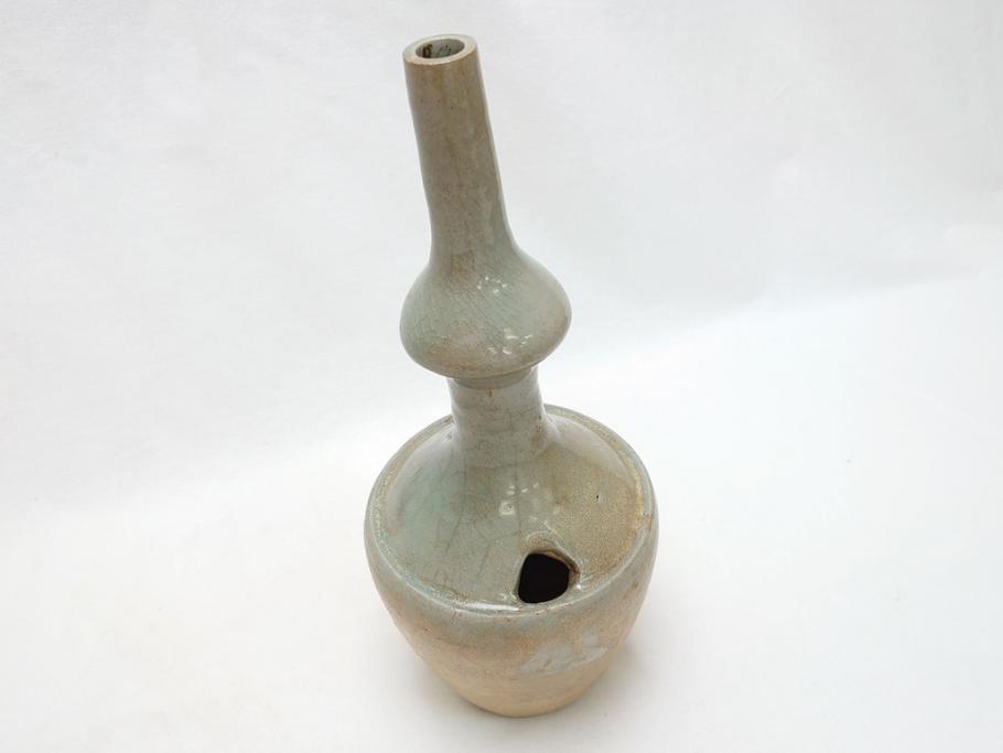 時代物　高麗青磁　一味違ったディスプレイが叶う花瓶(共箱付き、中国、李朝、花器、花生、陶磁器)(R-063286)