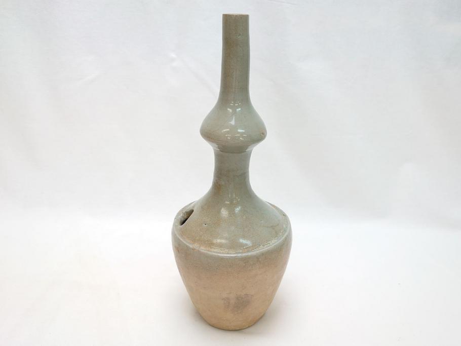 時代物　高麗青磁　一味違ったディスプレイが叶う花瓶(共箱付き、中国、李朝、花器、花生、陶磁器)(R-063286)
